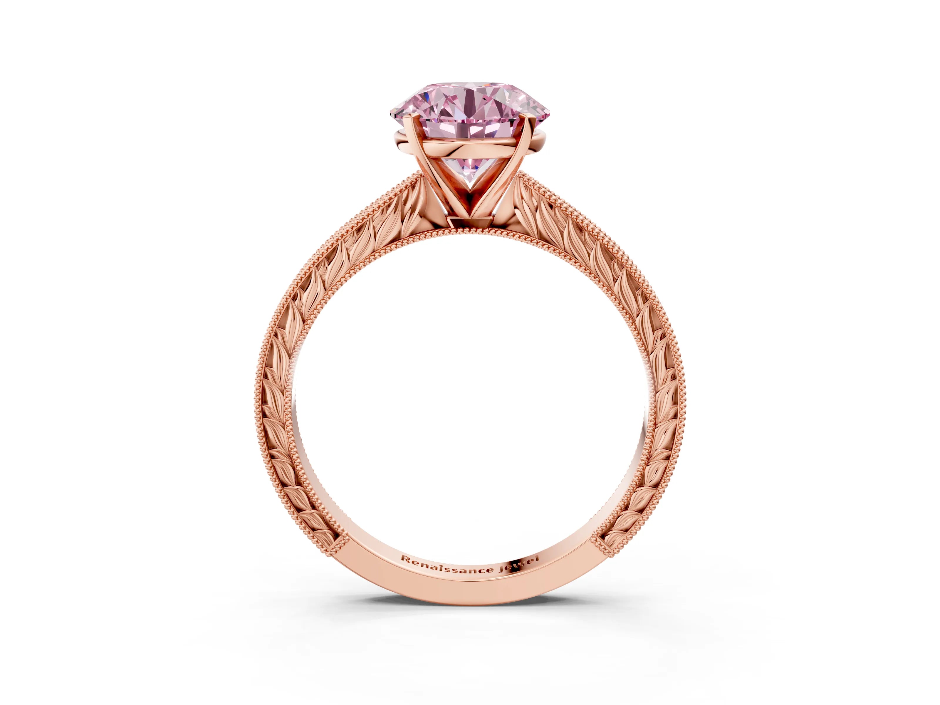 Rose gold Fancy Pink Round Cut Solitaire Milgrain Engraved Band with Four-Prong Setting_3