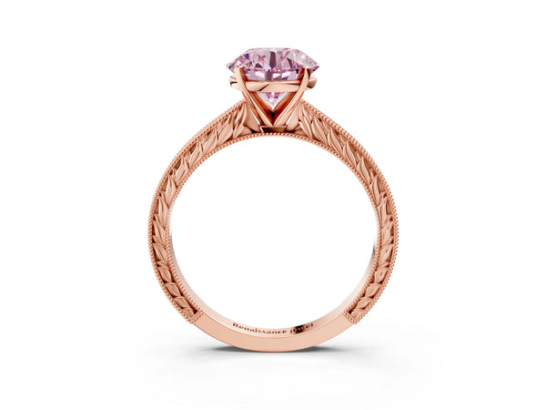 Rose gold Fancy Pink Round Cut Solitaire Milgrain Engraved Band with Four-Prong Setting