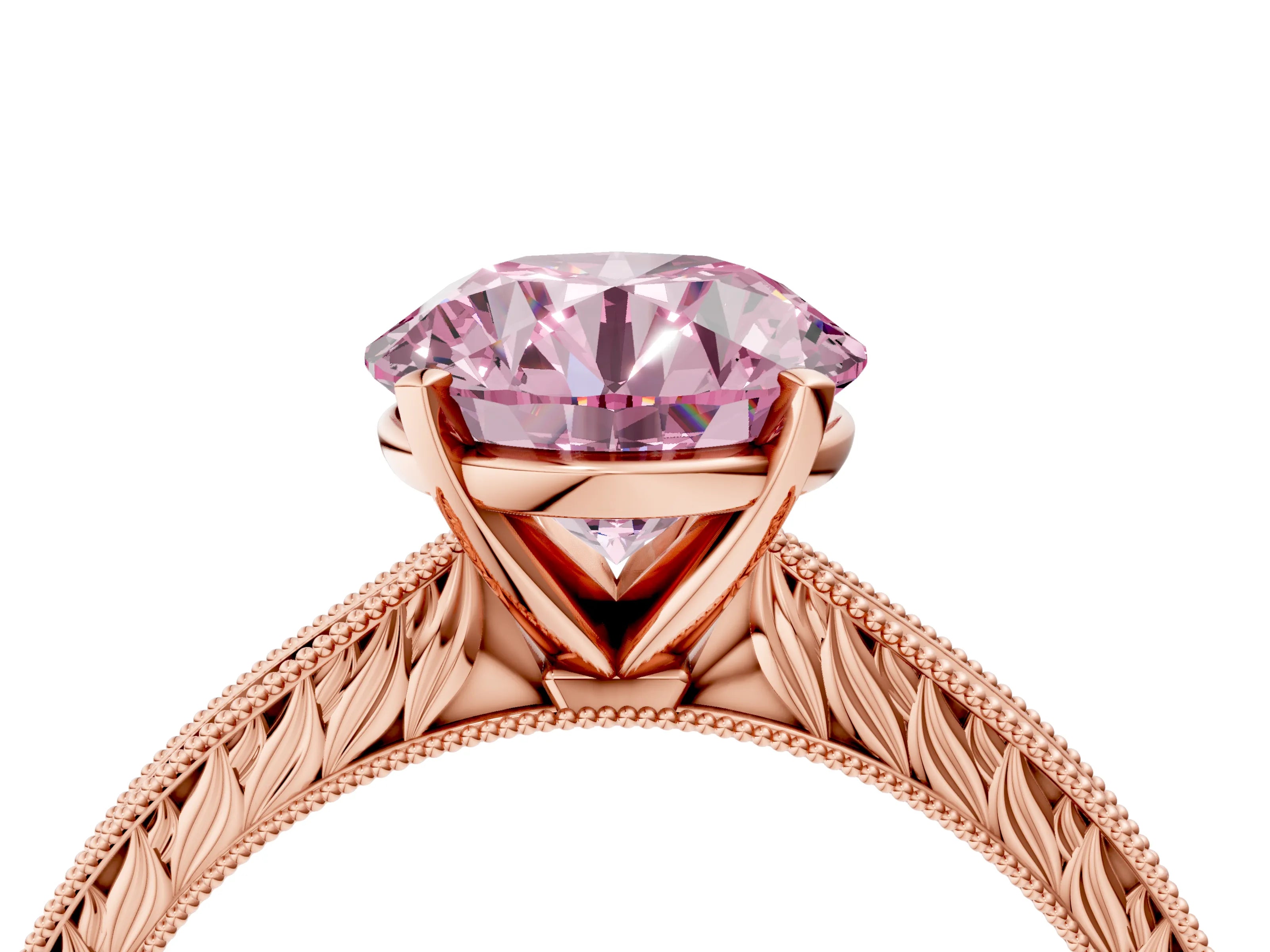Rose gold Fancy Pink Round Cut Solitaire Milgrain Engraved Band with Four-Prong Setting_4