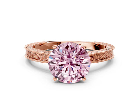 Rose gold Fancy Pink Round Cut Solitaire Milgrain Engraved Band with Four-Prong Setting