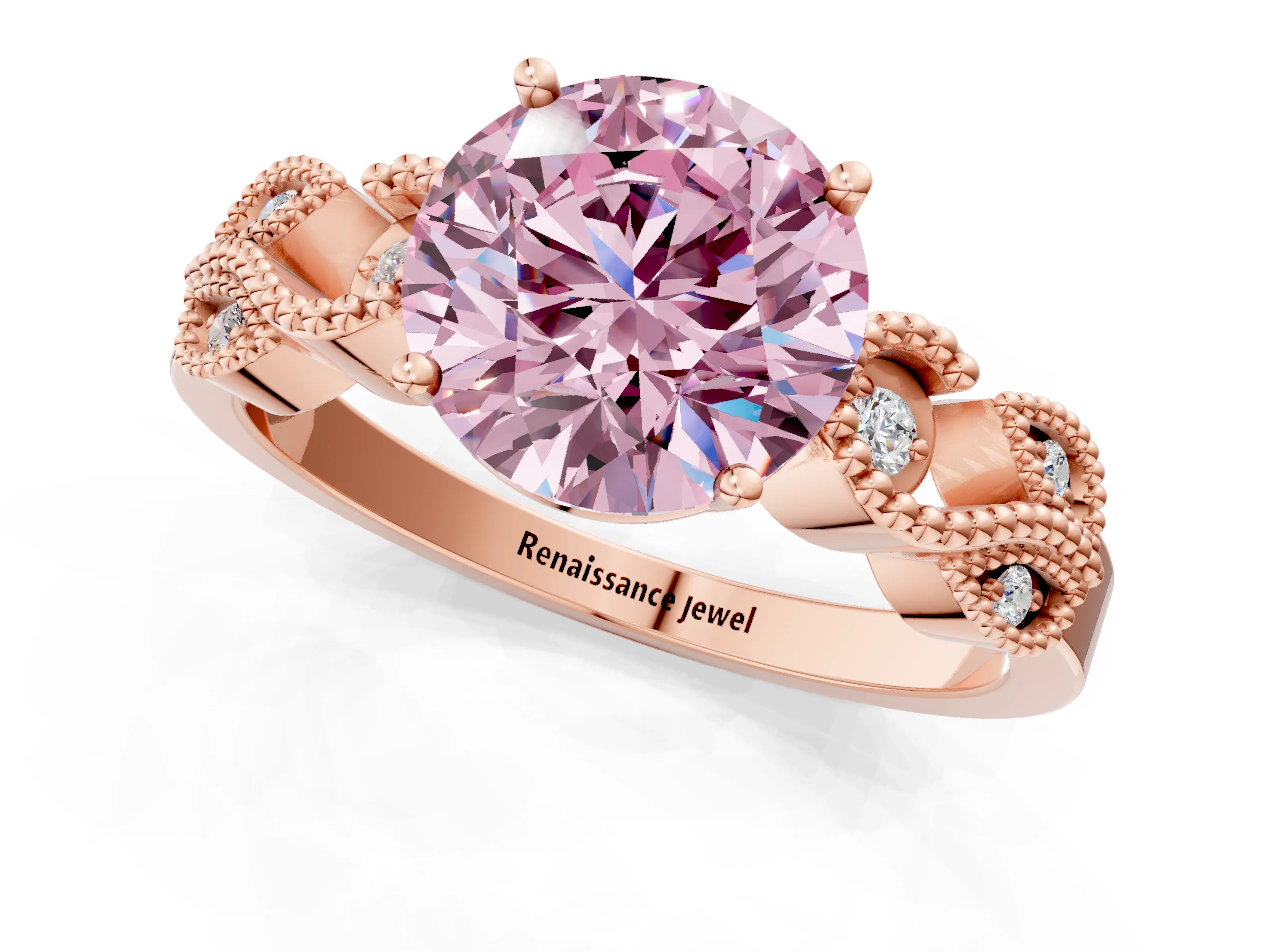 Rose gold Fancy Pink Round Cut Solitaire Milgrain Leaf Band with Prong Setting_1