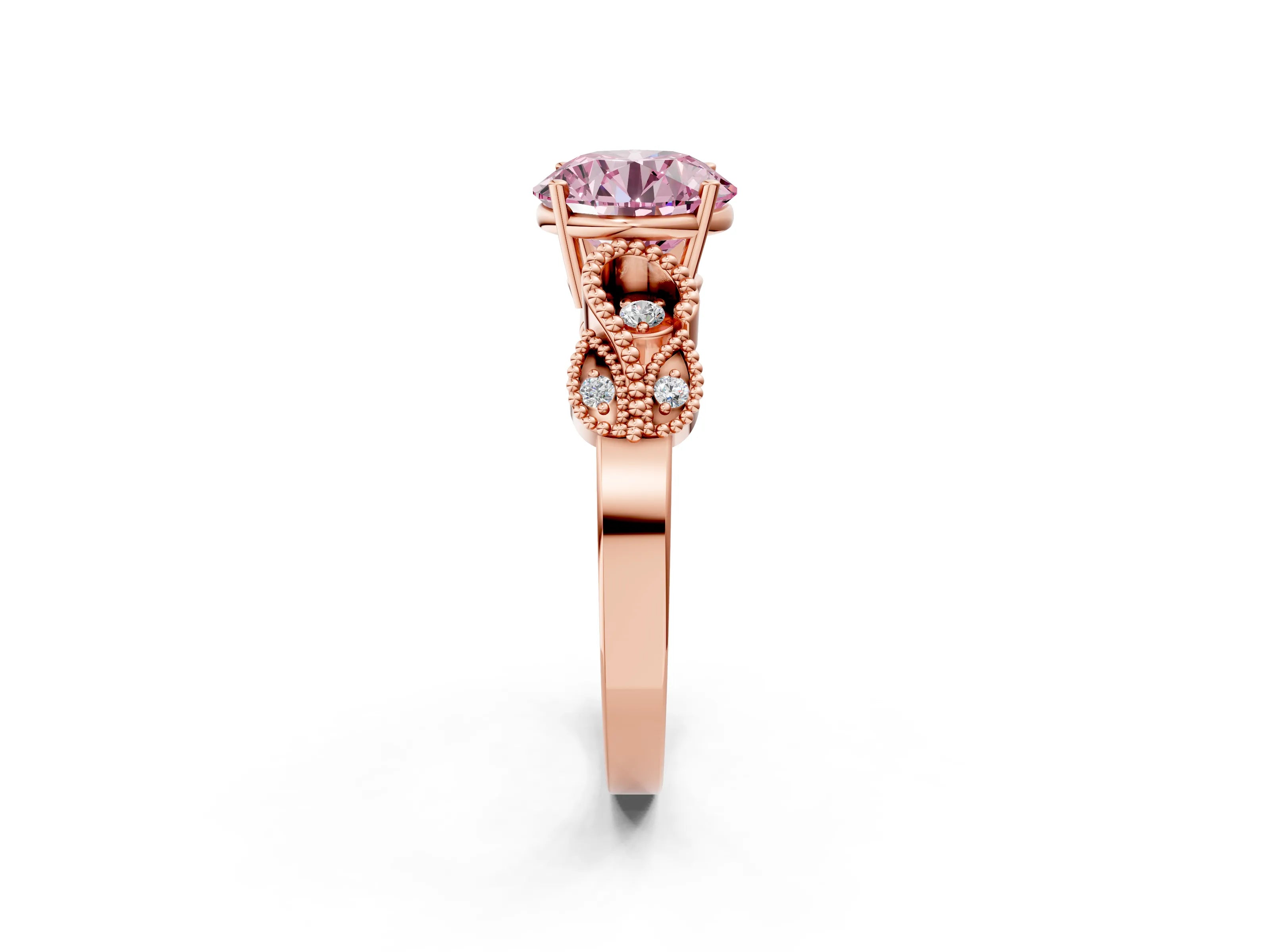 Rose gold Fancy Pink Round Cut Solitaire Milgrain Leaf Band with Prong Setting_2