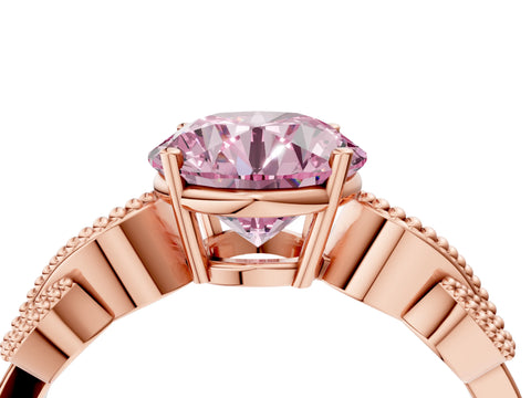 Rose gold Fancy Pink Round Cut Solitaire Milgrain Leaf Band with Prong Setting_4