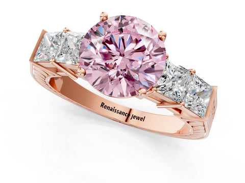 Rose gold Fancy Pink Round Cut Solitaire Princess Side Stone Engraved Band Prong Setting Ring_1