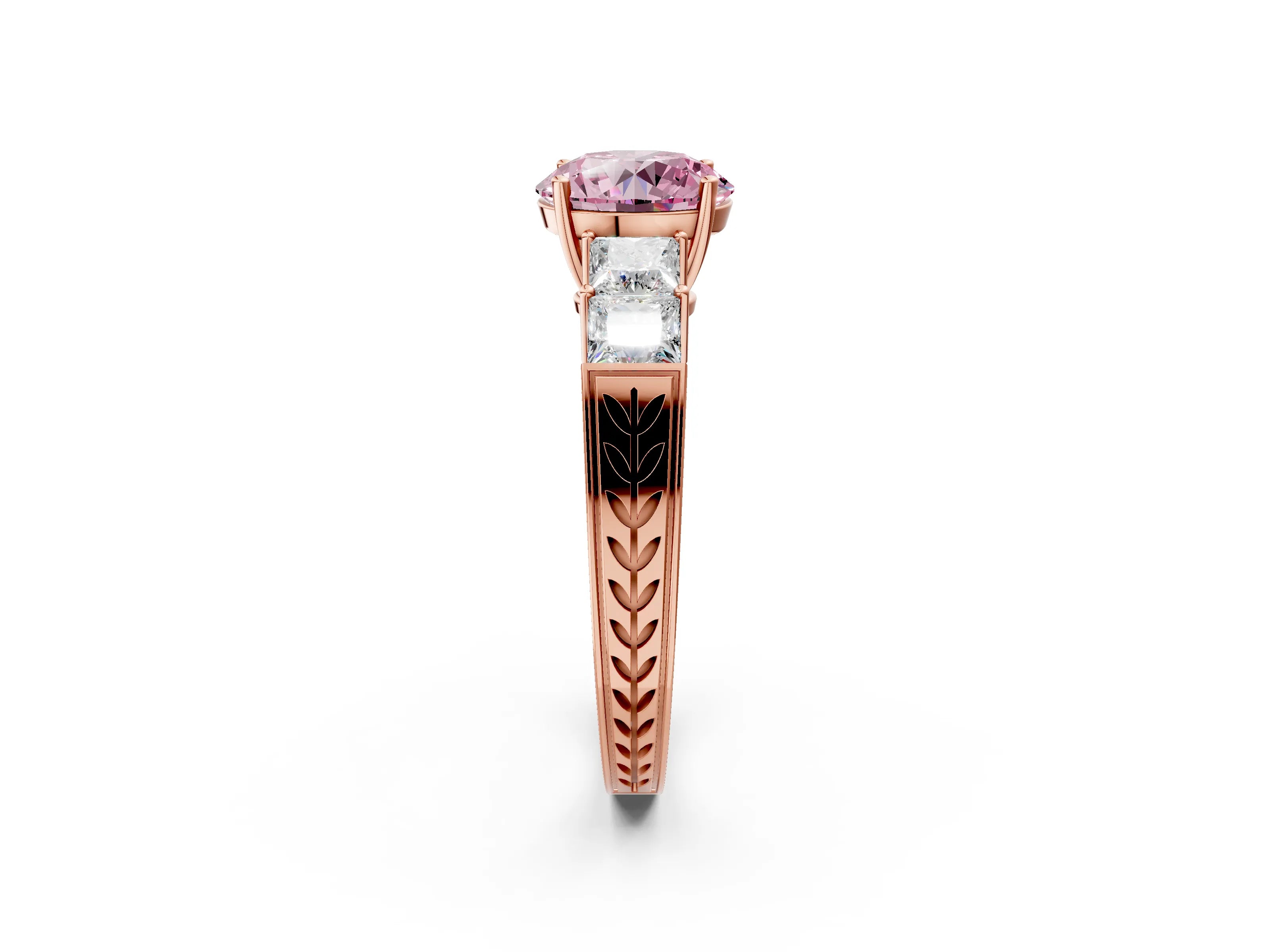 Rose gold Fancy Pink Round Cut Solitaire Princess Side Stone Engraved Band Prong Setting Ring_2