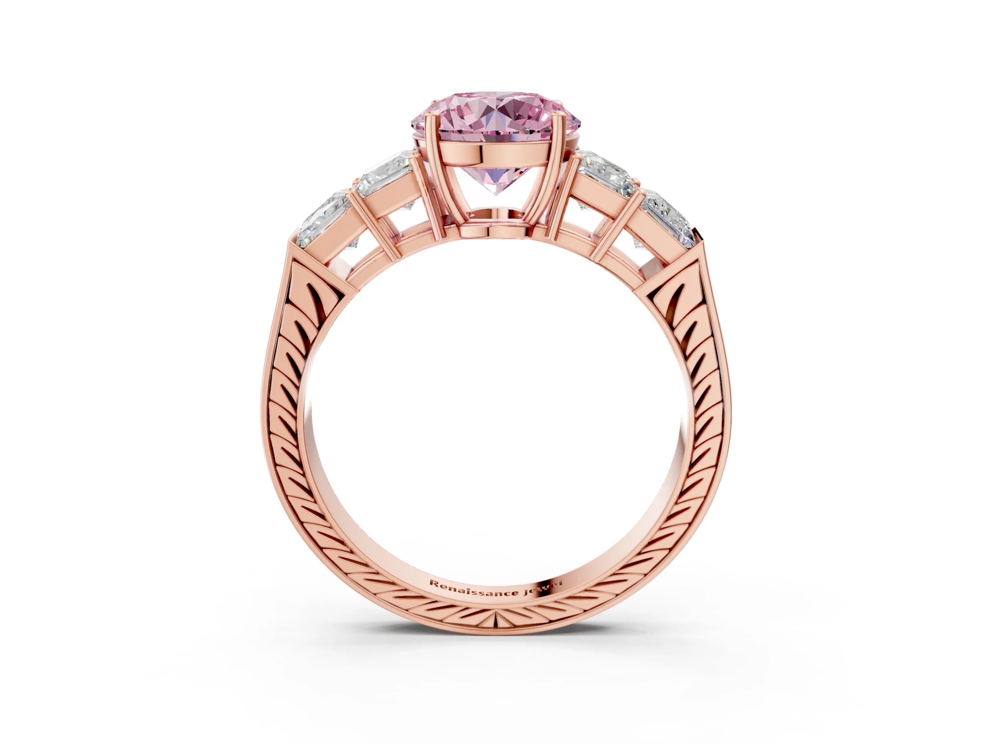 Rose gold Fancy Pink Round Cut Solitaire Princess Side Stone Engraved Band Prong Setting Ring_3