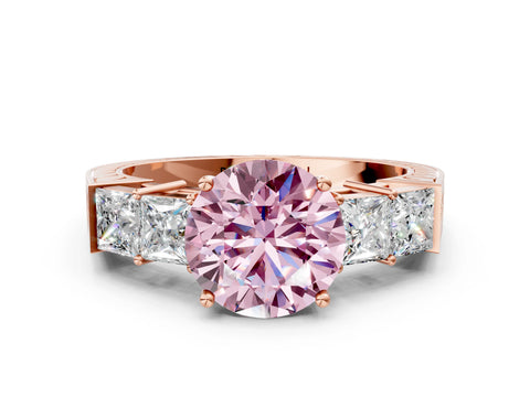 Rose gold Fancy Pink Round Cut Solitaire Princess Side Stone Engraved Band Prong Setting Ring