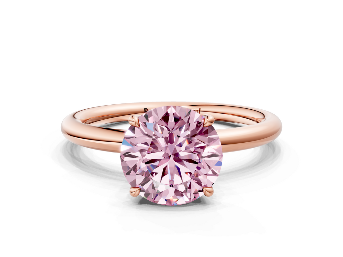 Rose gold Fancy Pink Round  Cut Solitaire Ring with Thin Band and Four-Prong Setting