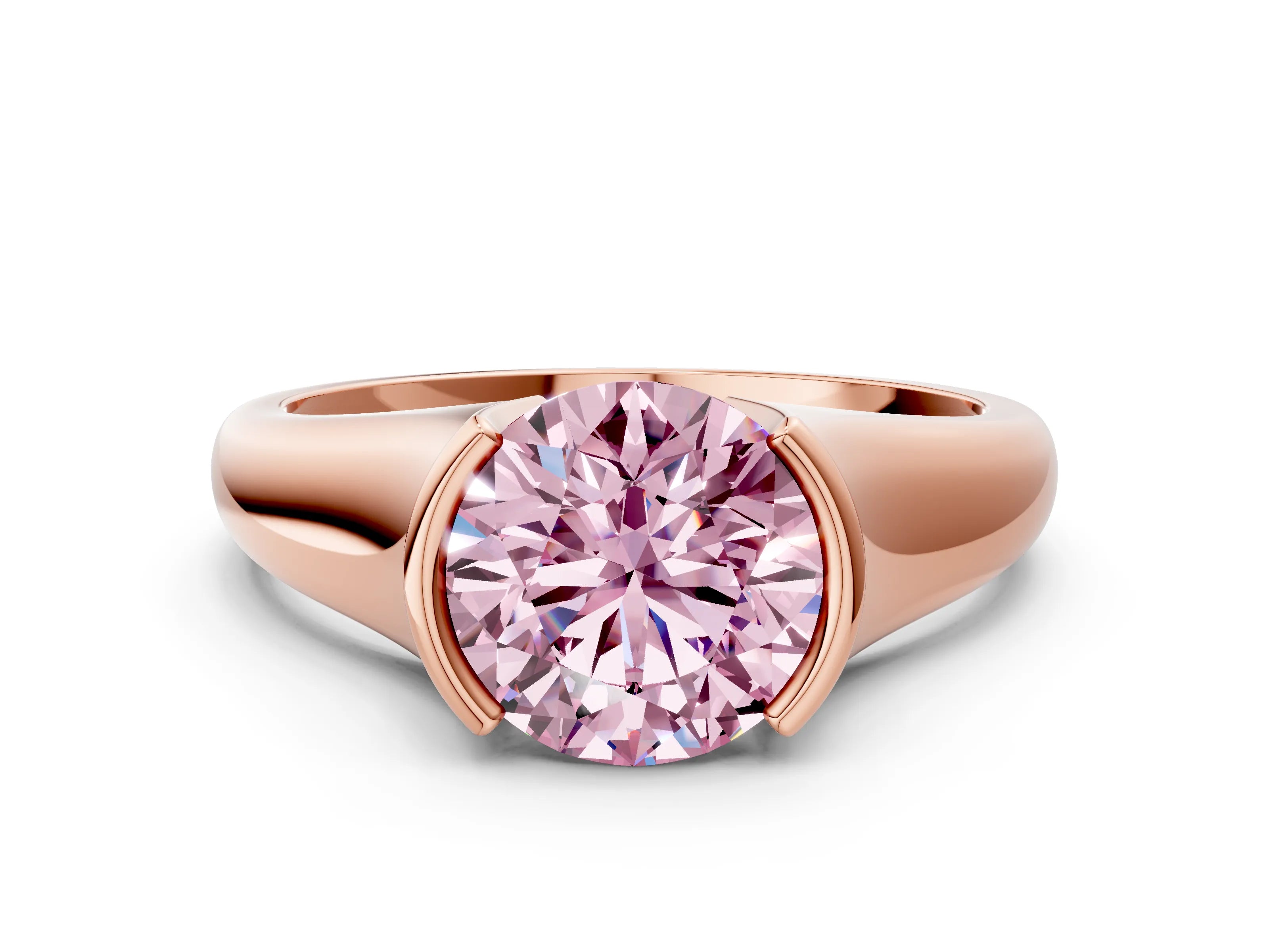 Rose gold Fancy Pink Round Cut Solitaire Tension Set Diamond Ring with Split Shank Band