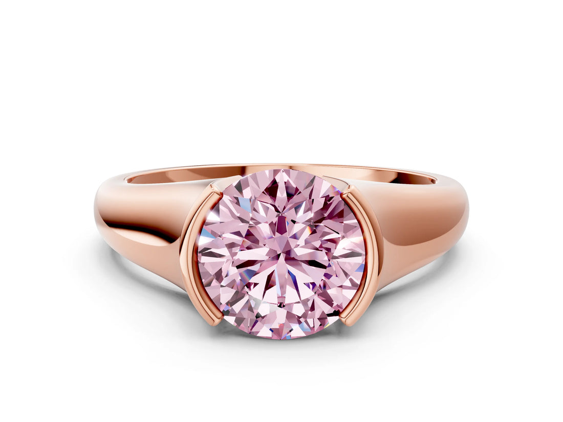 Rose gold Fancy Pink Round Cut Solitaire Tension Set Diamond Ring with Split Shank Band