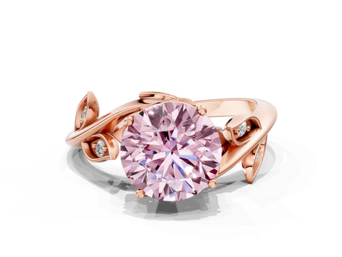 Rose gold Fancy Pink Round Cut Solitaire Twist Engagement Ring with Leaf Accents and Prong Setting_12