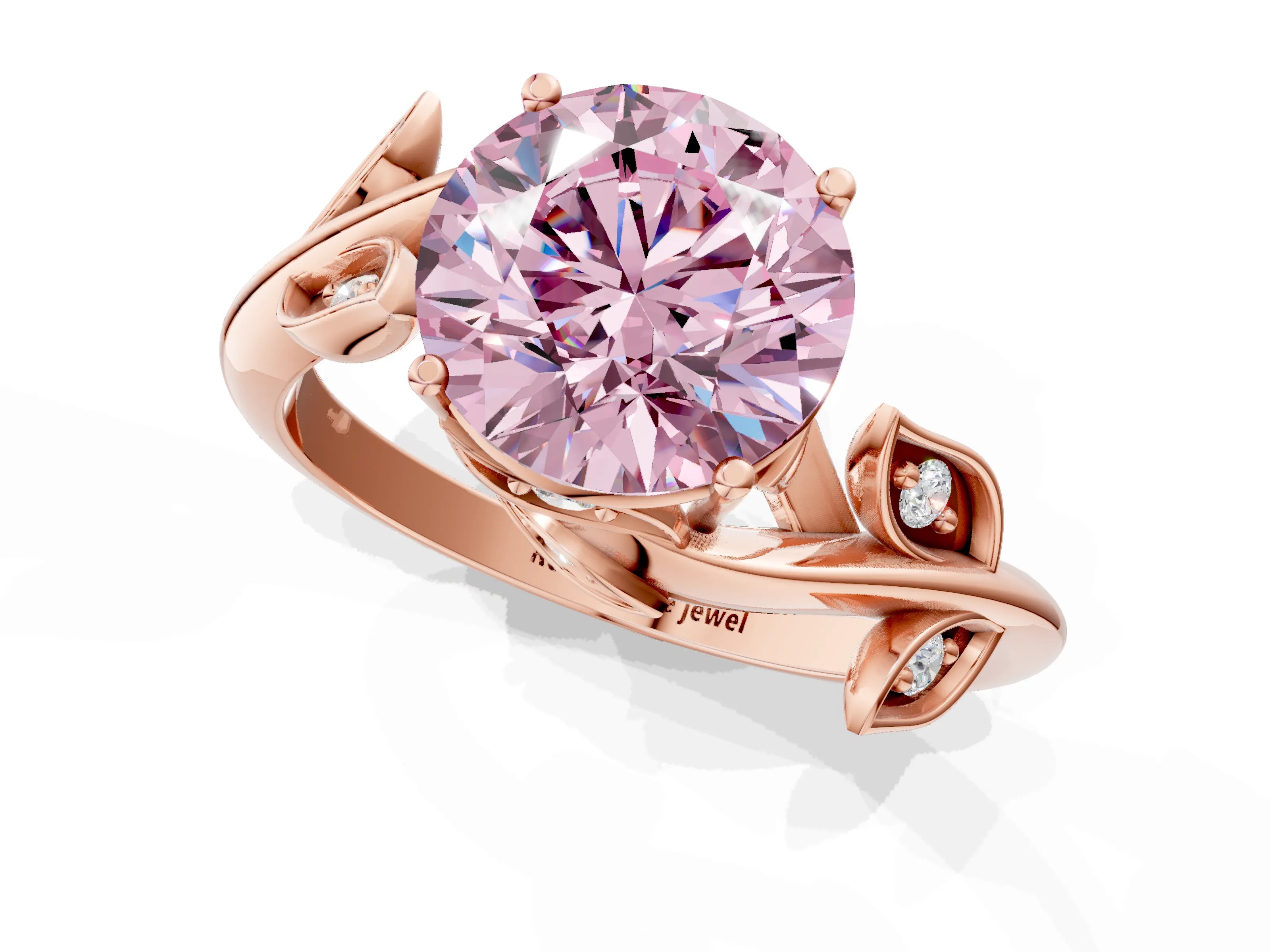 Rose gold Fancy Pink Round Cut Solitaire Twist Engagement Ring with Leaf Accents and Prong Setting_13
