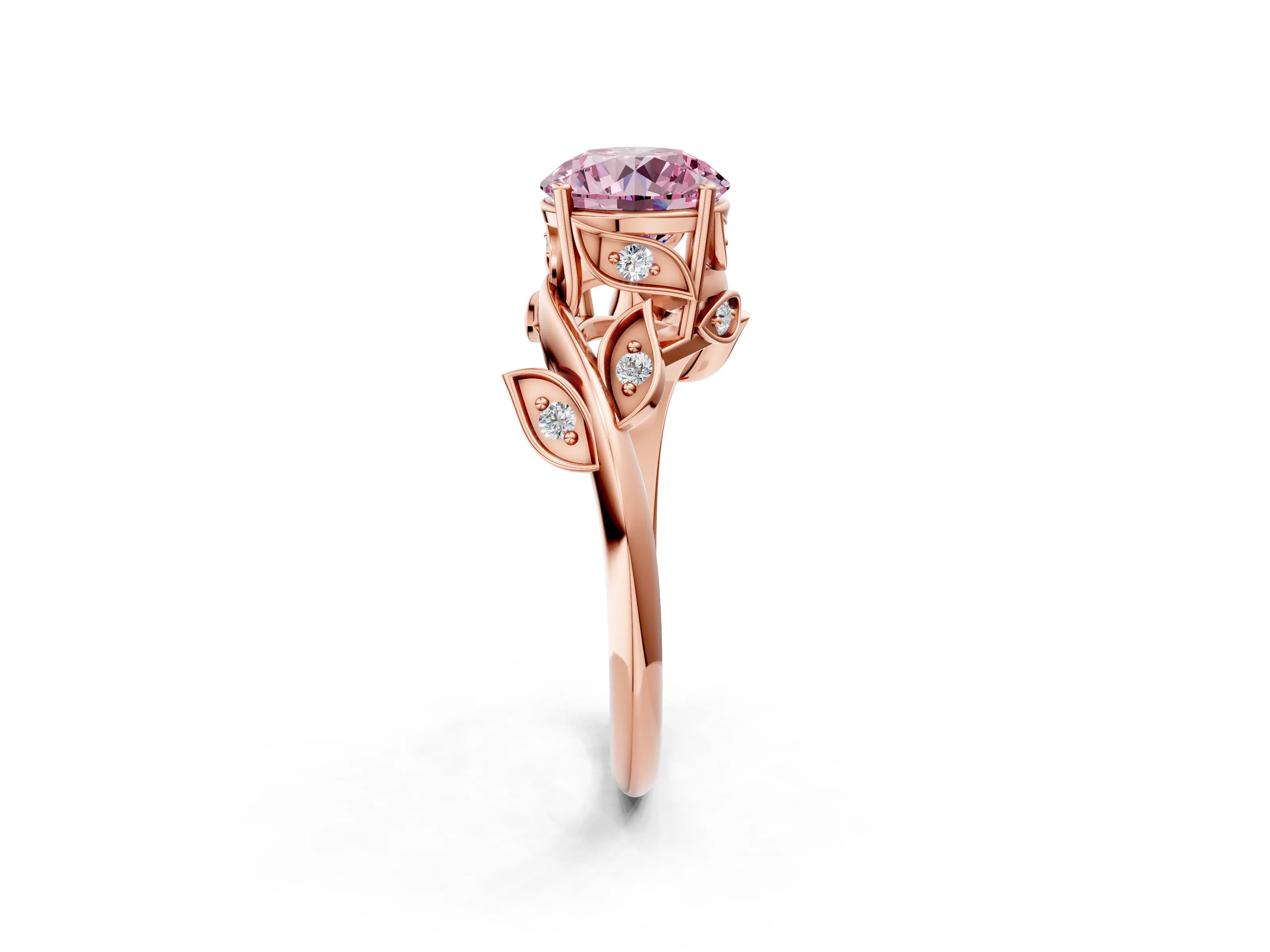 Rose gold Fancy Pink Round Cut Solitaire Twist Engagement Ring with Leaf Accents and Prong Setting_14