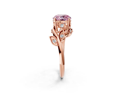 Rose gold Fancy Pink Round Cut Solitaire Twist Engagement Ring with Leaf Accents and Prong Setting_14