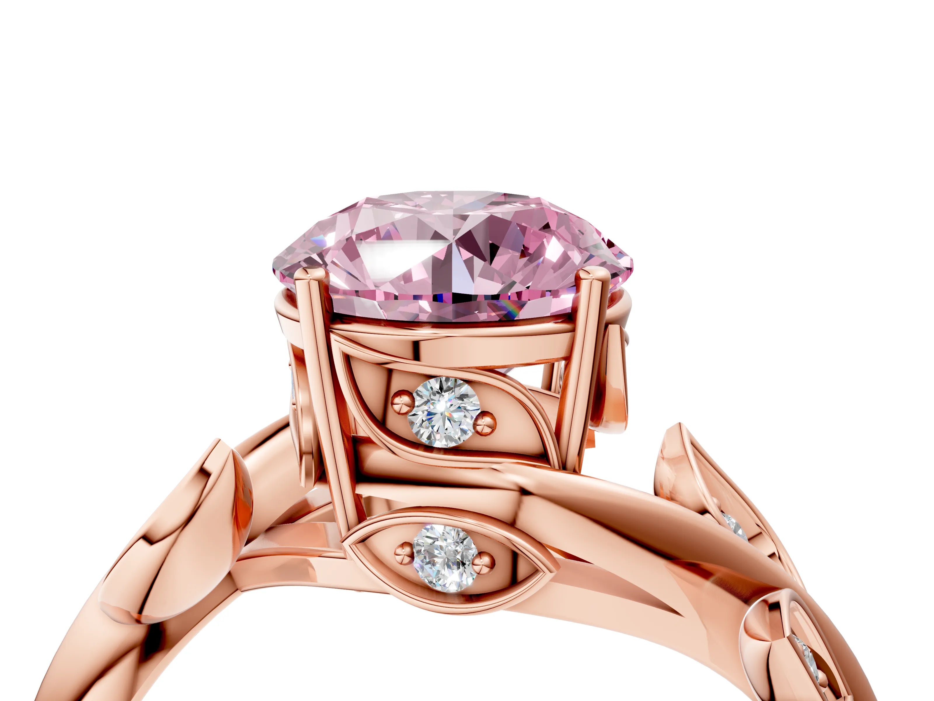 Rose gold Fancy Pink Round Cut Solitaire Twist Engagement Ring with Leaf Accents and Prong Setting_16