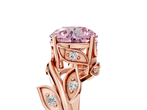 Rose gold Fancy Pink Round Cut Solitaire Twist Engagement Ring with Leaf Accents and Prong Setting_17