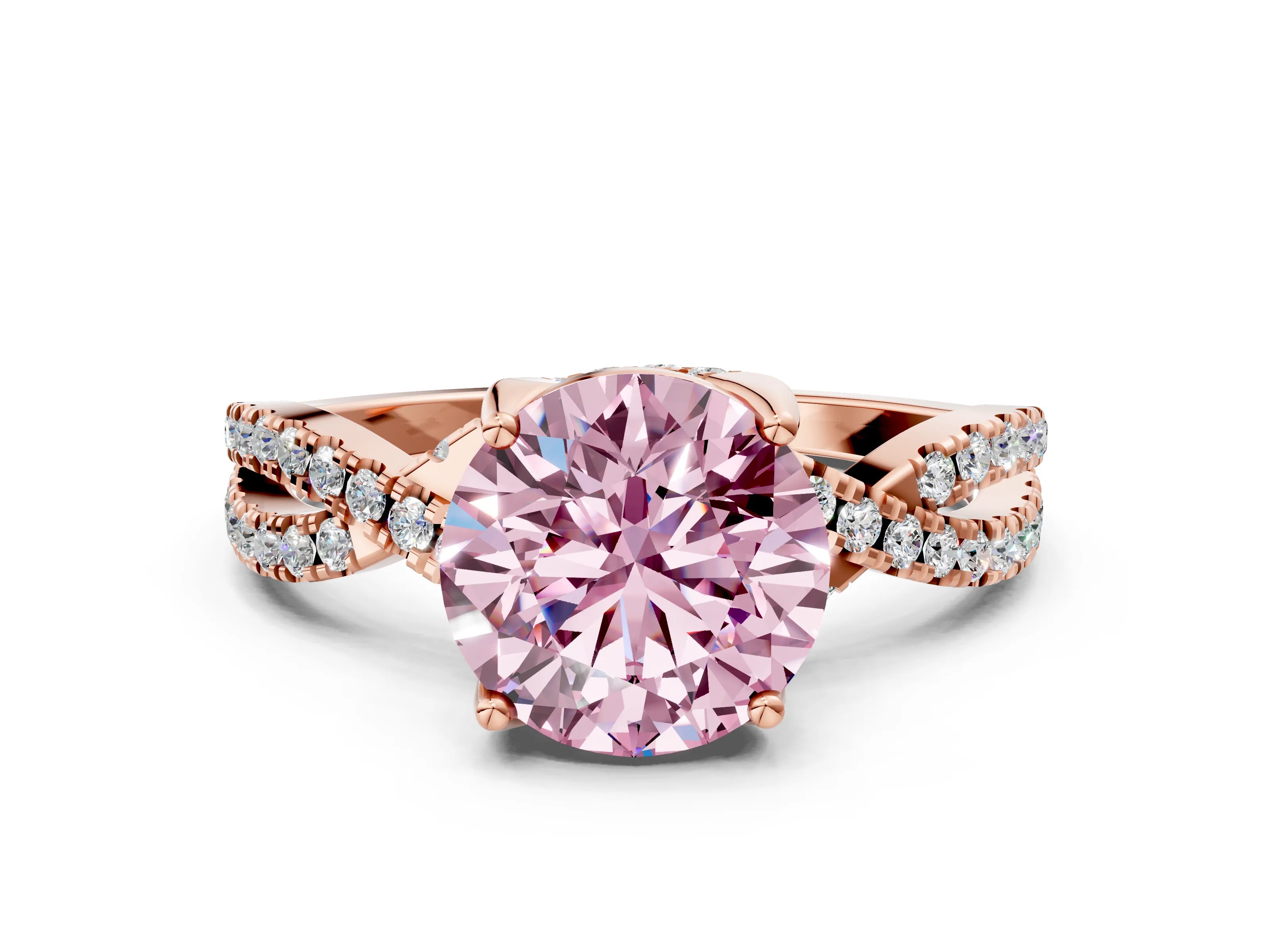 Rose gold Fancy Pink Round Cut Solitaire Twist Pave Diamond Engagement Ring with Prong Setting