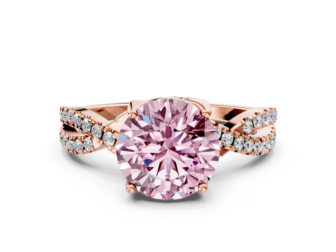 Rose gold Fancy Pink Round Cut Solitaire Twist Pave Diamond Engagement Ring with Prong Setting