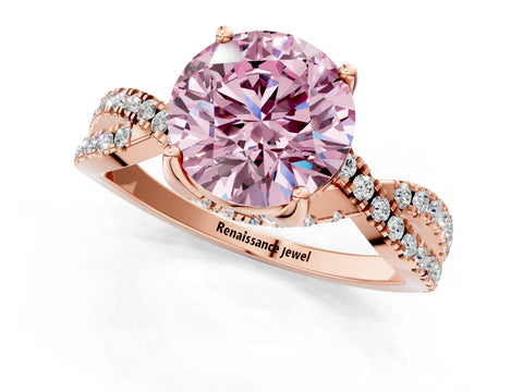 Rose gold Fancy Pink Round Cut Solitaire Twist Pave Diamond Engagement Ring with Prong Setting_1
