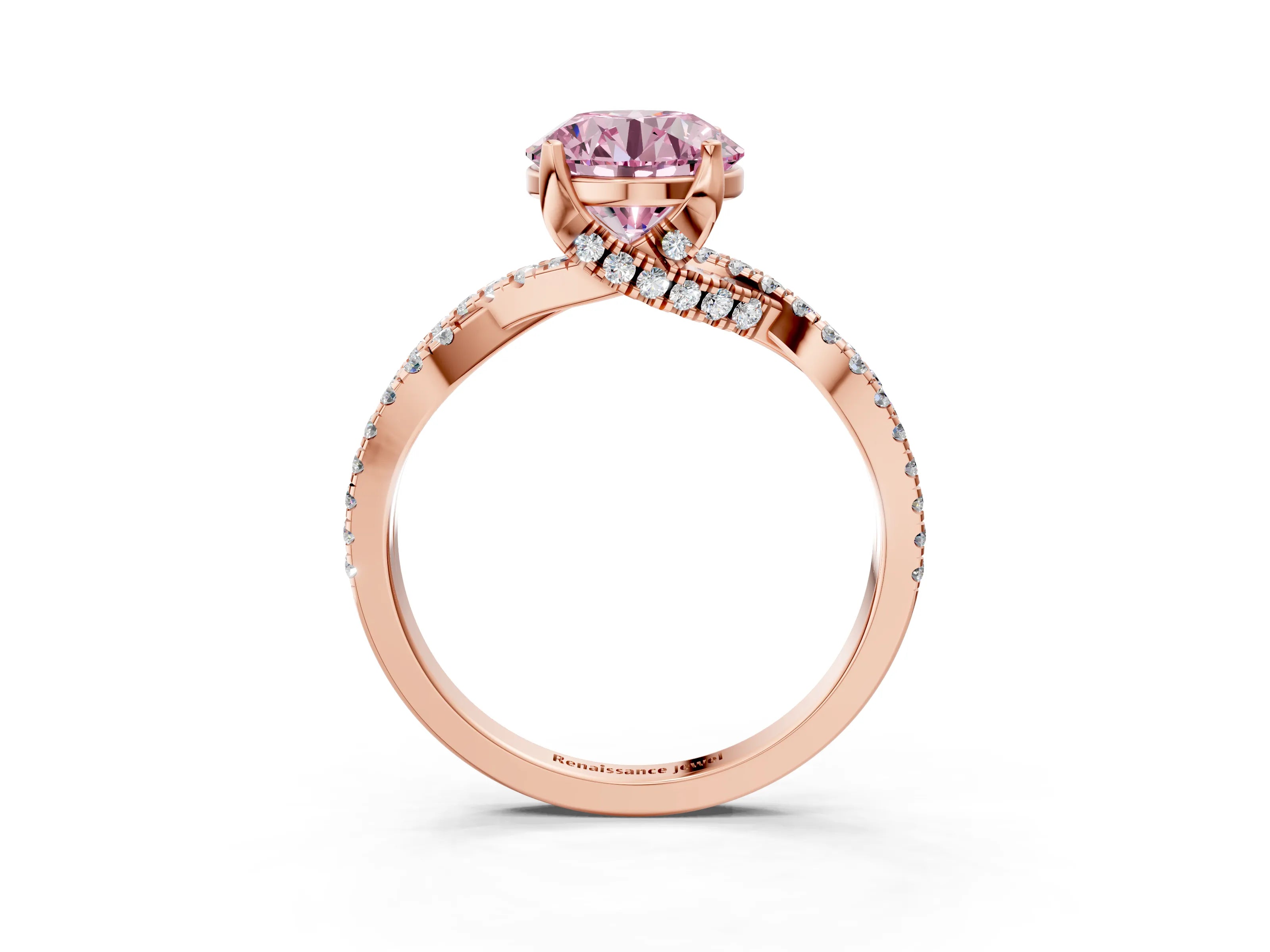 Rose gold Fancy Pink Round Cut Solitaire Twist Pave Diamond Engagement Ring with Prong Setting_3