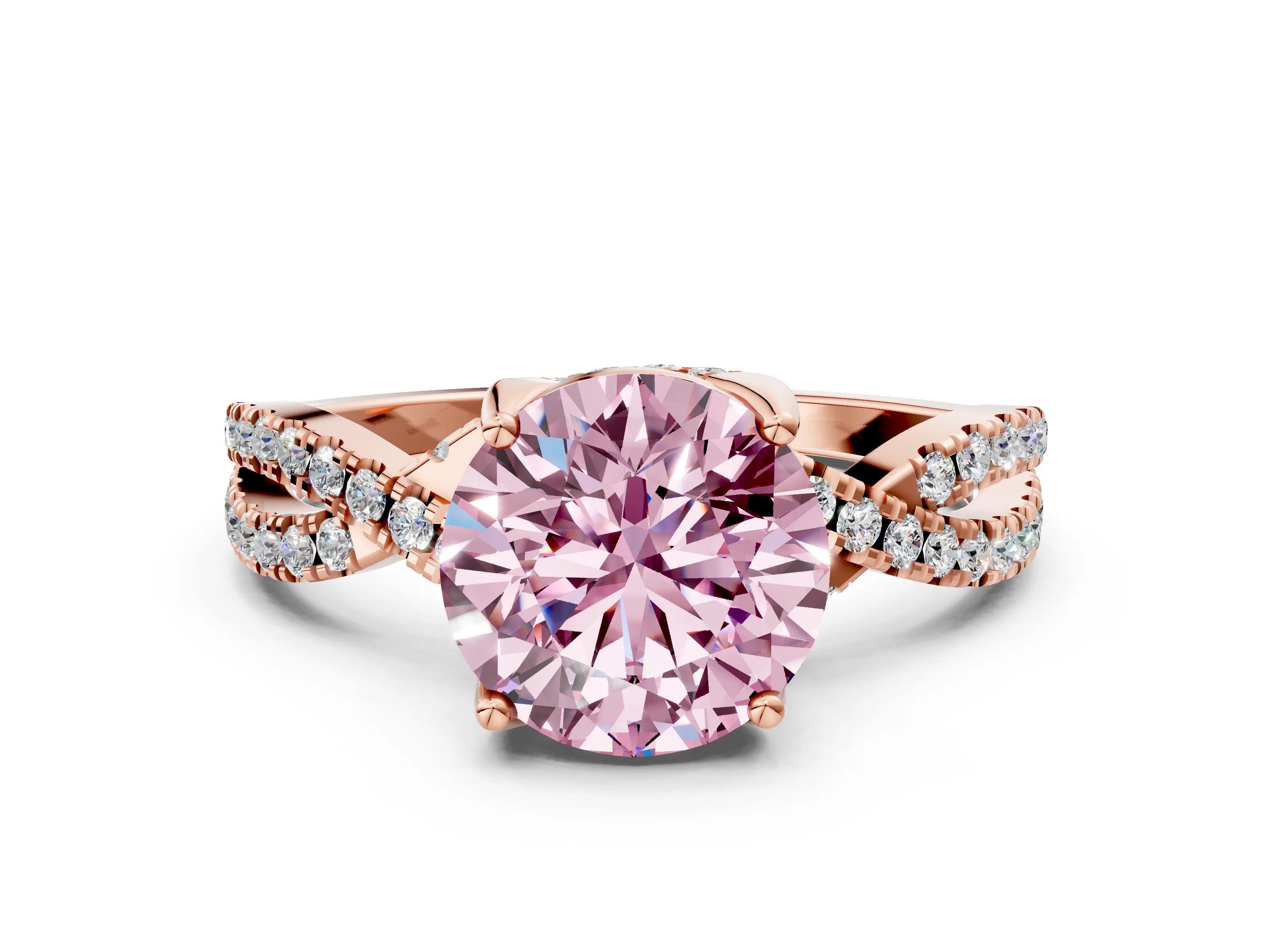 Rose gold Fancy Pink Round Cut Solitaire Twist Pave Diamond Engagement Ring with Prong Setting_36