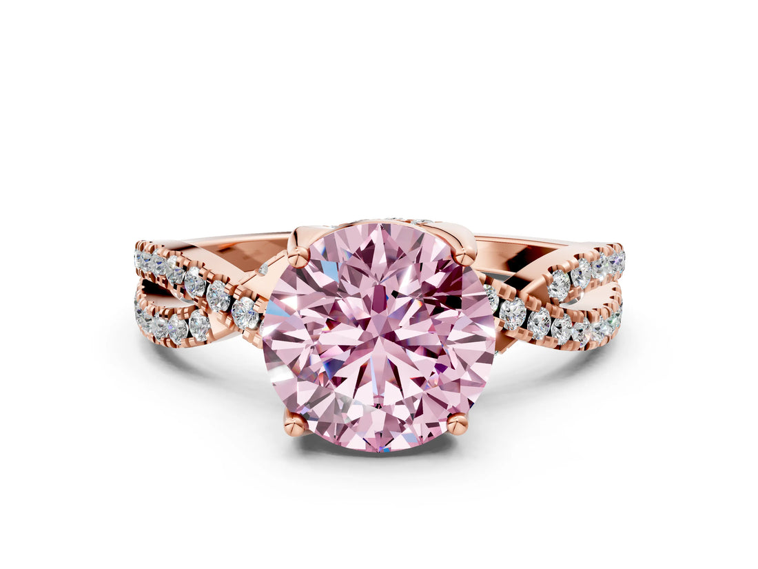 Rose gold Fancy Pink Round Cut Solitaire Twist Pave Diamond Engagement Ring with Prong Setting_36
