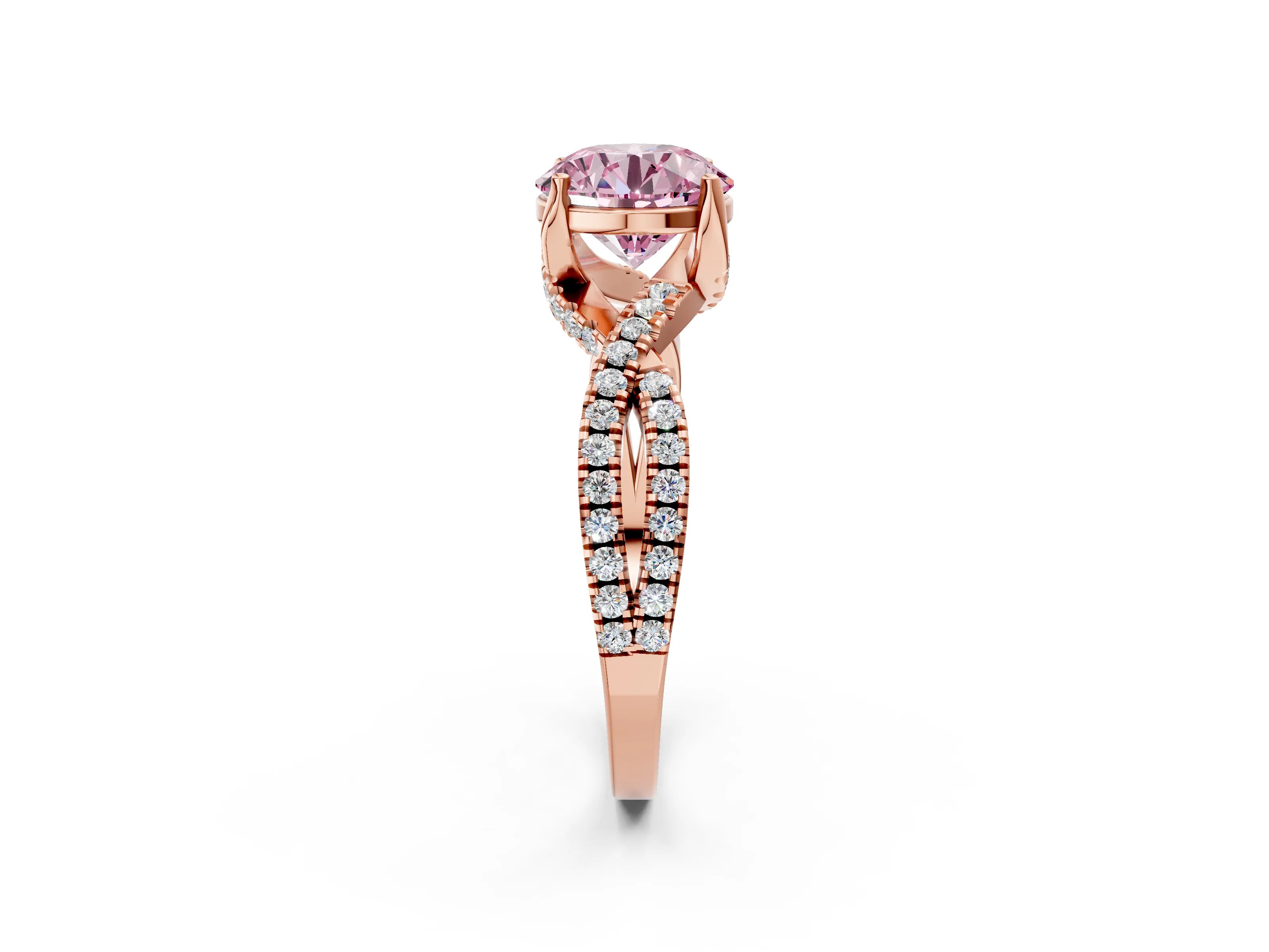 Rose gold Fancy Pink Round Cut Solitaire Twist Pave Diamond Engagement Ring with Prong Setting_38