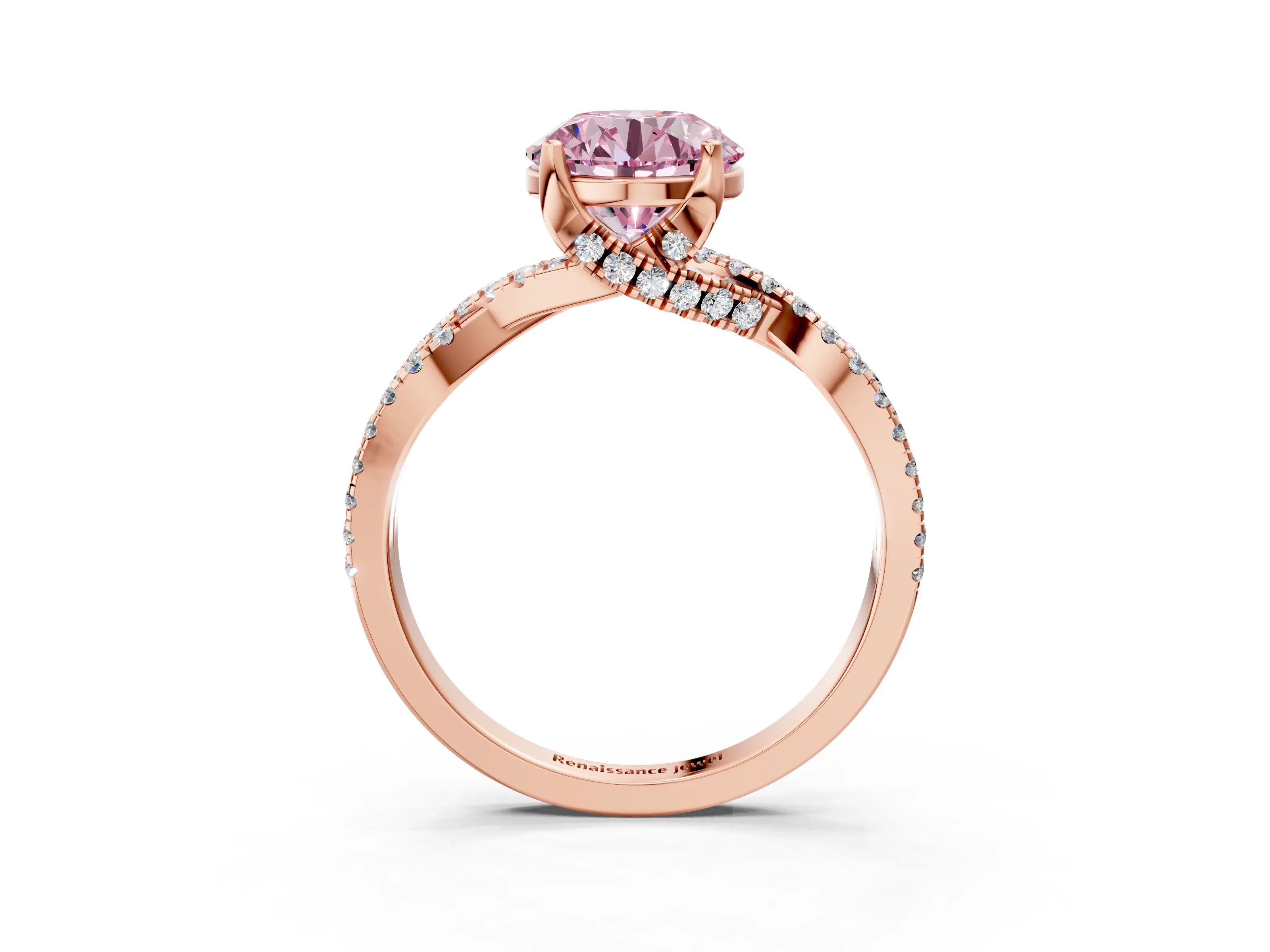 Rose gold Fancy Pink Round Cut Solitaire Twist Pave Diamond Engagement Ring with Prong Setting_39