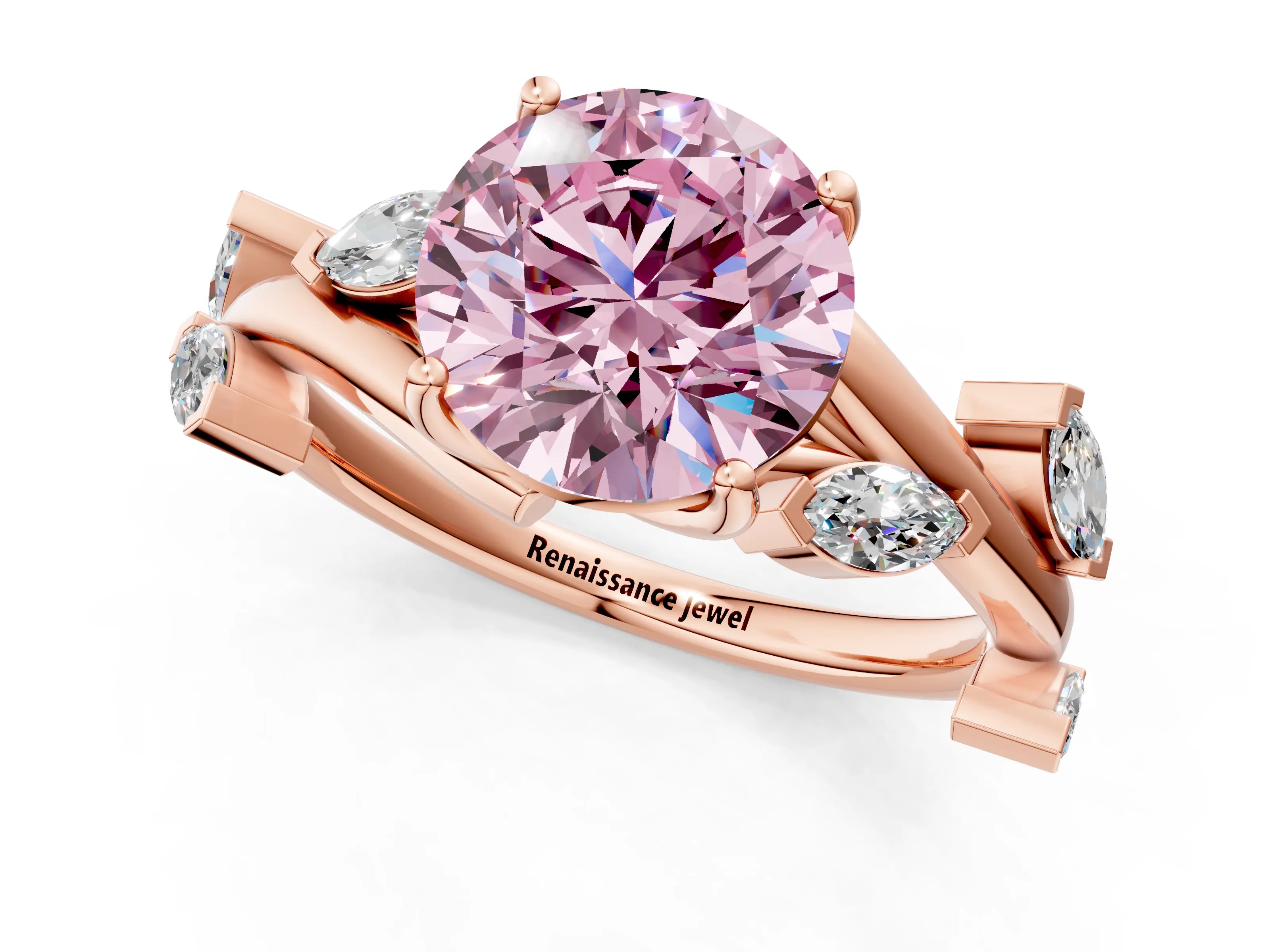Rose gold Fancy Pink Round Cut Solitaire Twisted Band Marquise Accent Prong Setting Ring_1