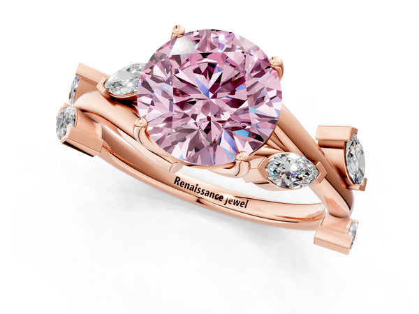 Rose gold Fancy Pink Round Cut Solitaire Twisted Band Marquise Accent Prong Setting Ring