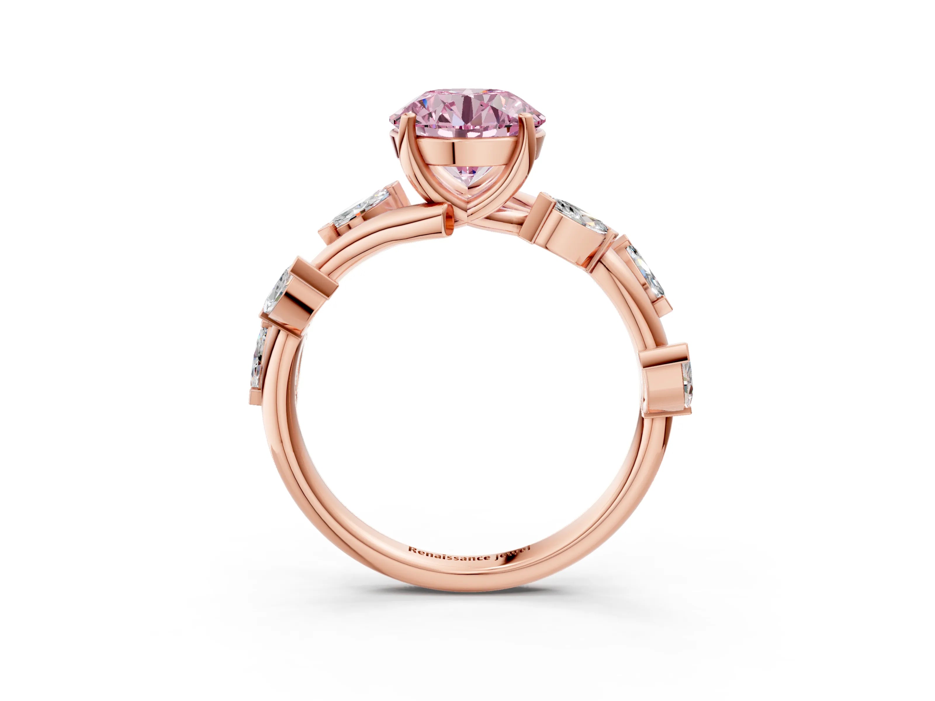Rose gold Fancy Pink Round Cut Solitaire Twisted Band Marquise Accent Prong Setting Ring_15