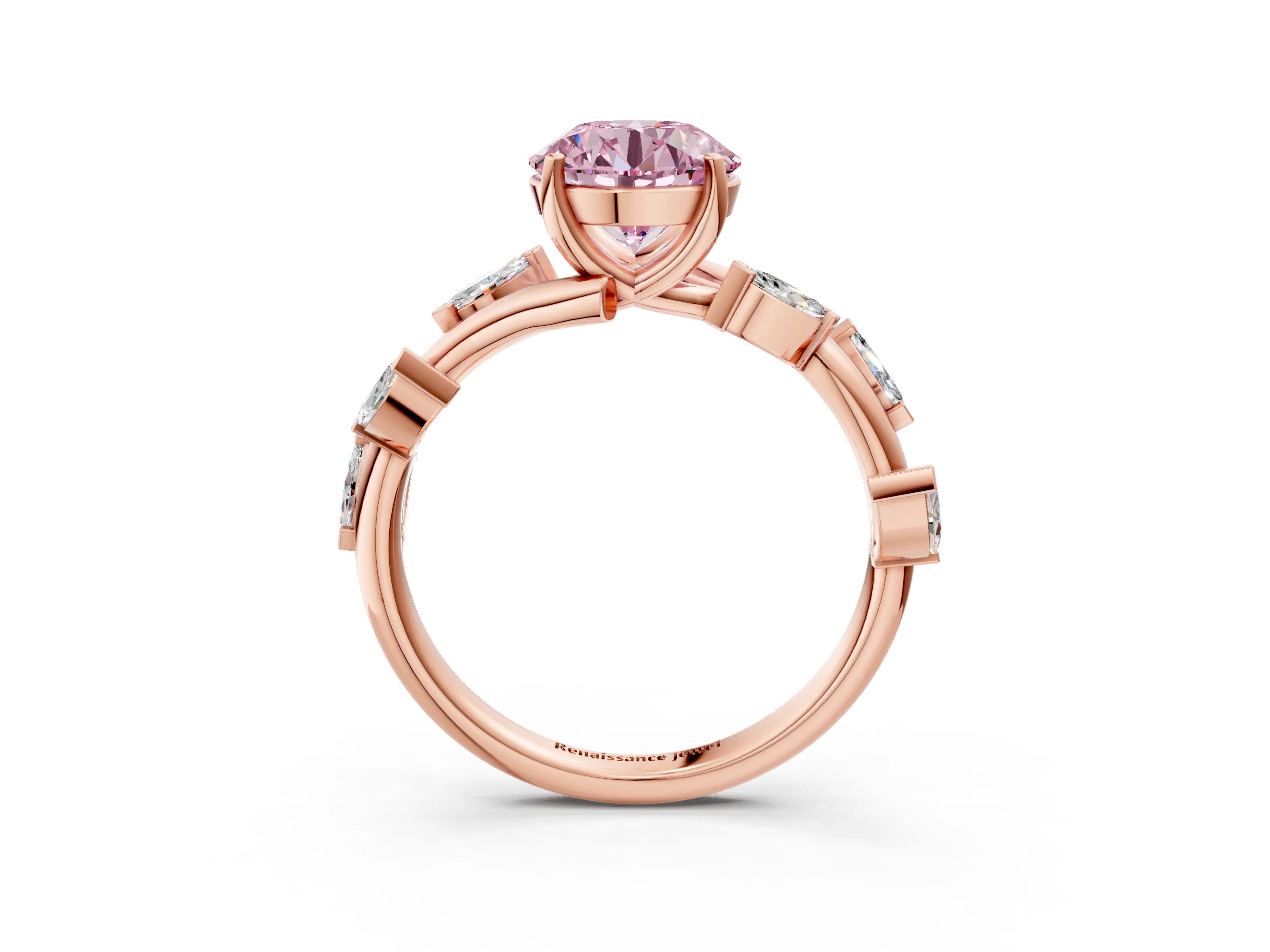 Rose gold Fancy Pink Round Cut Solitaire Twisted Band Marquise Accent Prong Setting Ring_3