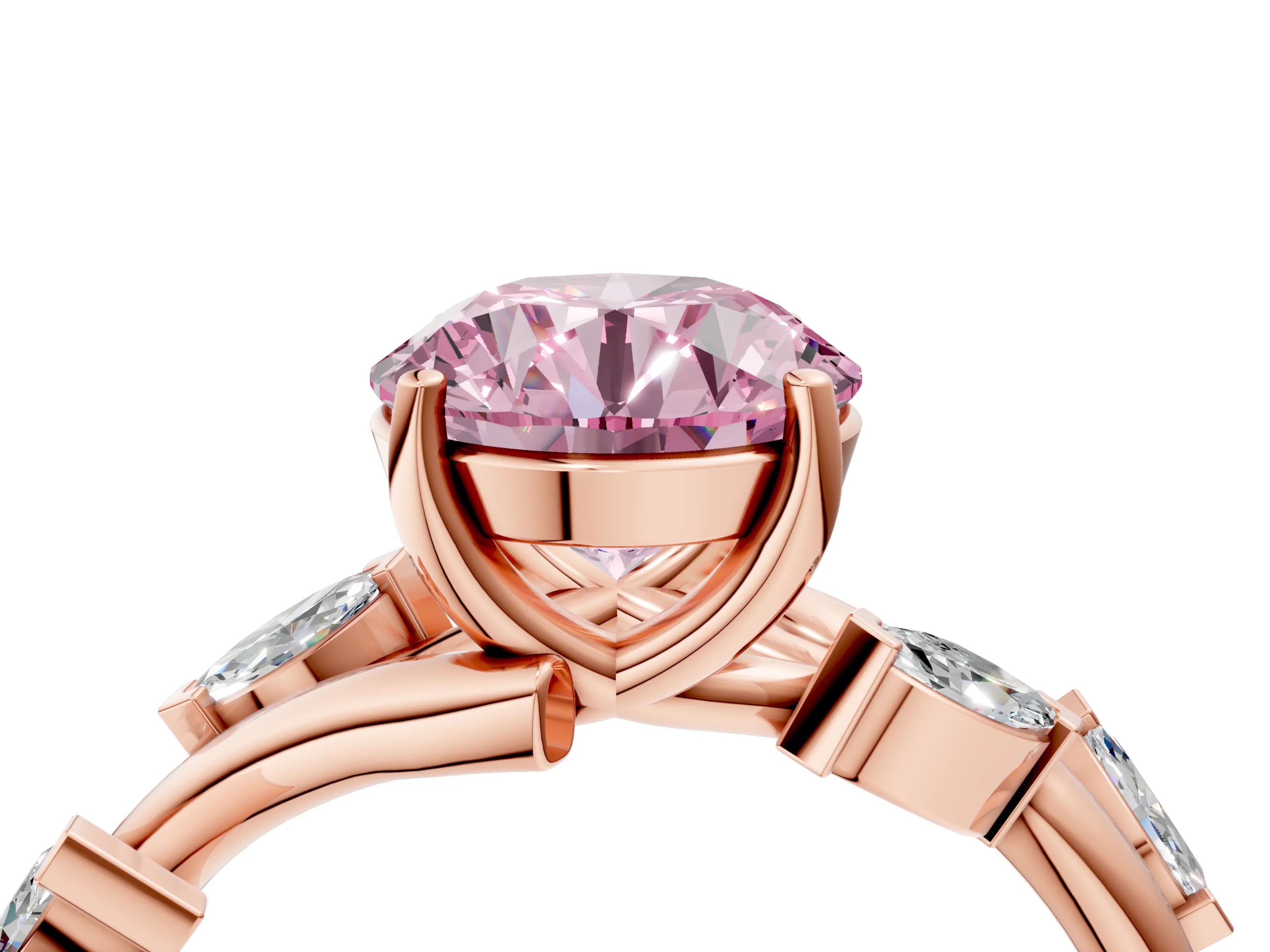 Rose gold Fancy Pink Round Cut Solitaire Twisted Band Marquise Accent Prong Setting Ring_4