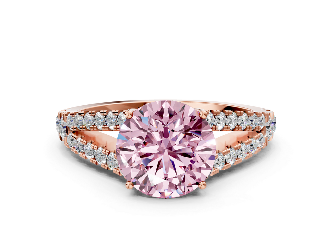 Rose gold Fancy Pink Round  Cut Split Shank Pave Diamond Engagement Ring with Four-Prong Setting
