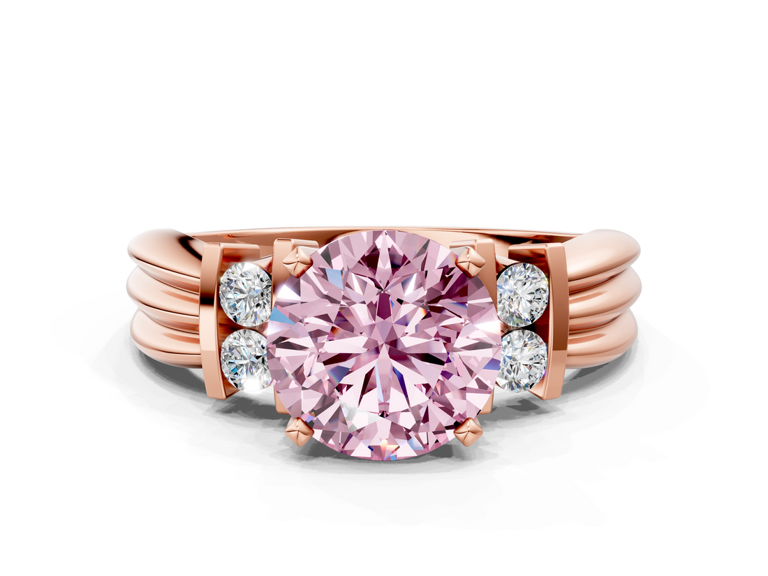 Rose gold Fancy Pink Round  Cut Three-Stone Channel Set Ring with Bar Prongs