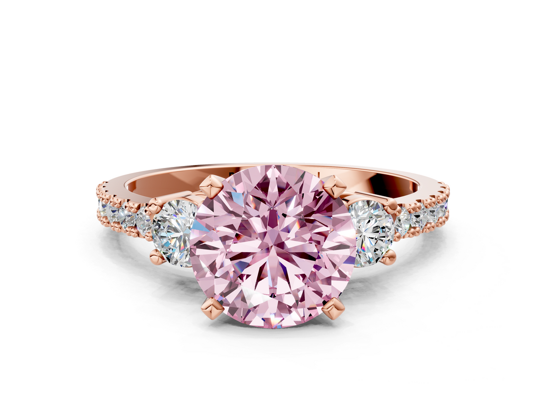 Rose gold Fancy Pink Round  Cut Three-Stone Diamond Pavé Band with Prong Setting