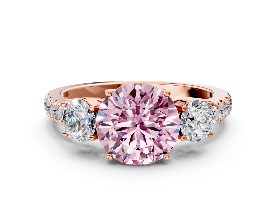 Rose gold Fancy Pink Round  Cut Three-Stone Diamond Pave Band with Prong Setting_17