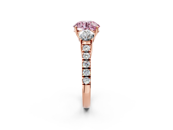 Rose gold Fancy Pink Round  Cut Diamond Three-Stone Ring with Round Side Stones and Pavé Band