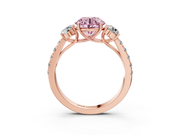 Rose gold Fancy Pink Round  Cut Diamond Three-Stone Ring with Round Side Stones and Pavé Band