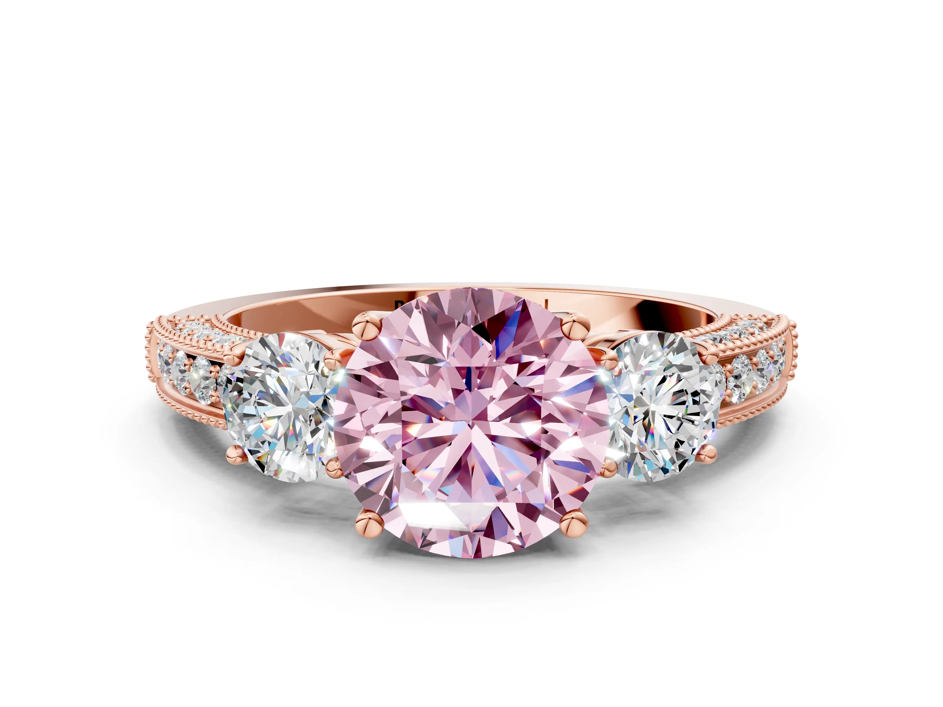Rose gold Fancy Pink Round Cut Three-Stone Diamond Ring with Pavé Band and Four-Prong Setting
