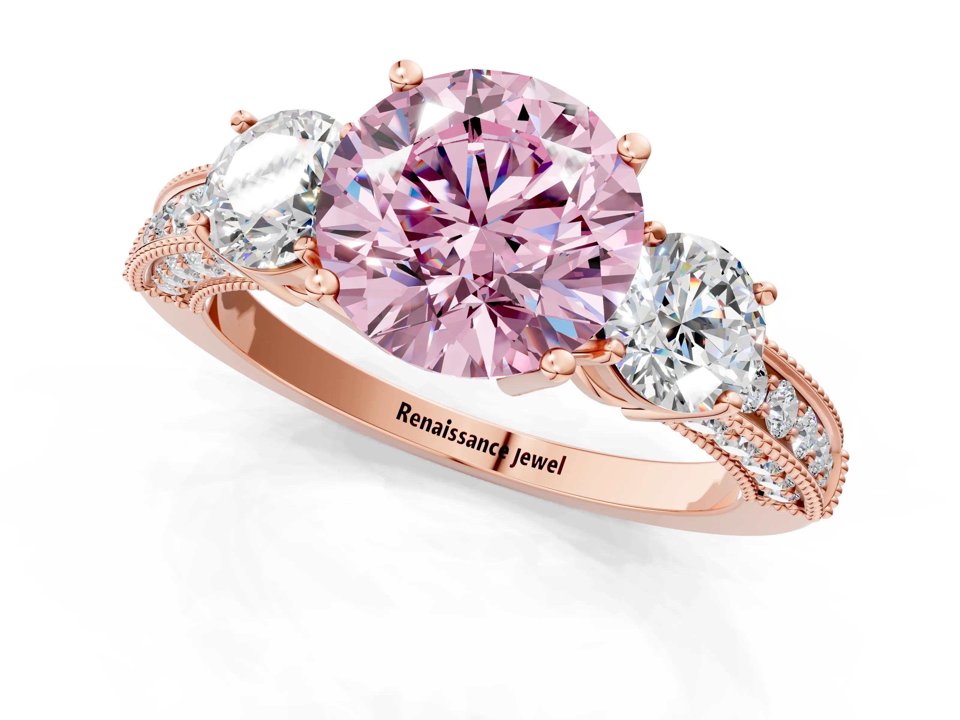 Rose gold Fancy Pink Round Cut Three-Stone Diamond Ring with Pavé Band and Four-Prong Setting_1