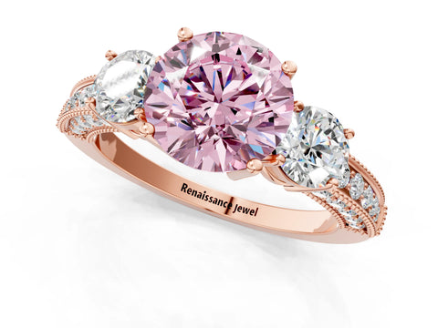 Rose gold Fancy Pink Round Cut Three-Stone Diamond Ring with Pavé Band and Four-Prong Setting_1