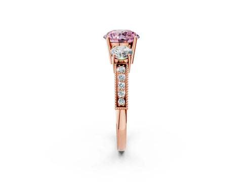 Rose gold Fancy Pink Round Cut Three-Stone Diamond Ring with Pavé Band and Four-Prong Setting_2