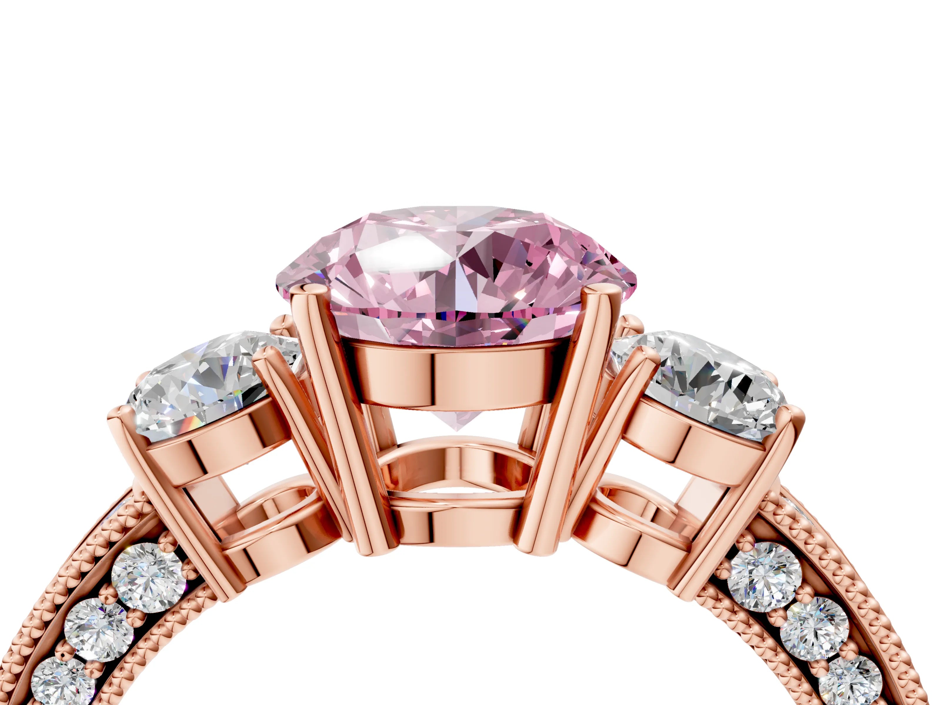 Rose gold Fancy Pink Round Cut Three-Stone Diamond Ring with Pavé Band and Four-Prong Setting_4