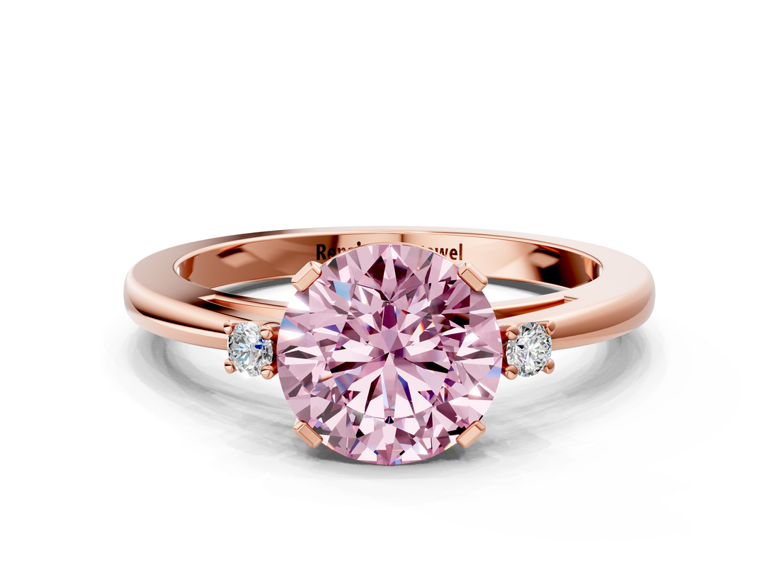 Rose gold Fancy Pink Round  Cut Three-Stone Solitaire Ring with Round Accent Diamonds and Four-Prong Setting