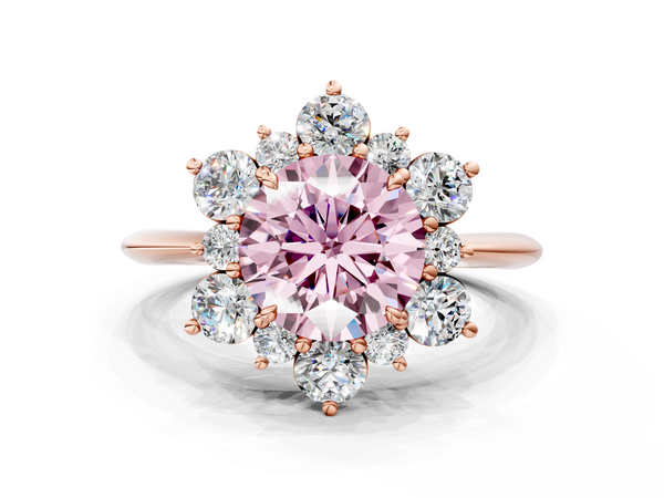 Rose gold Fancy Pink Round  Diamond Cluster Halo Ring with Solitaire Band and Four-Prong Setting