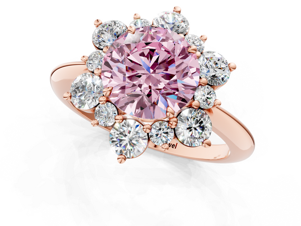 Rose gold Fancy Pink Round  Diamond Cluster Halo Ring with Solitaire Band and Four-Prong Setting