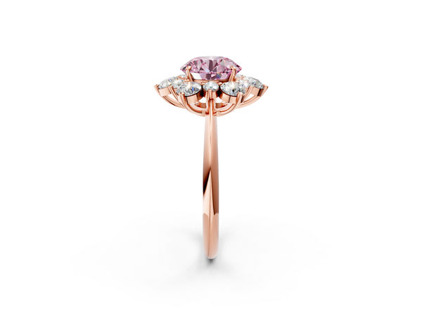 Rose gold Fancy Pink Round  Diamond Cluster Halo Ring with Solitaire Band and Four-Prong Setting