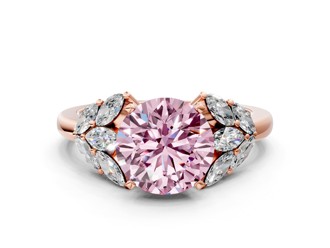 Rose gold Fancy Pink Round  Diamond Cluster Leaf Design Ring with Prong Setting