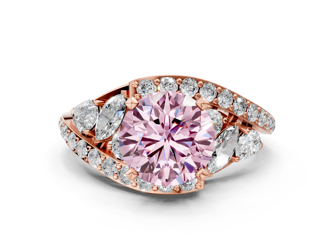 Rose gold Fancy Pink Round  Diamond Halo Ring with Marquise and Pavé Band in Prong Setting